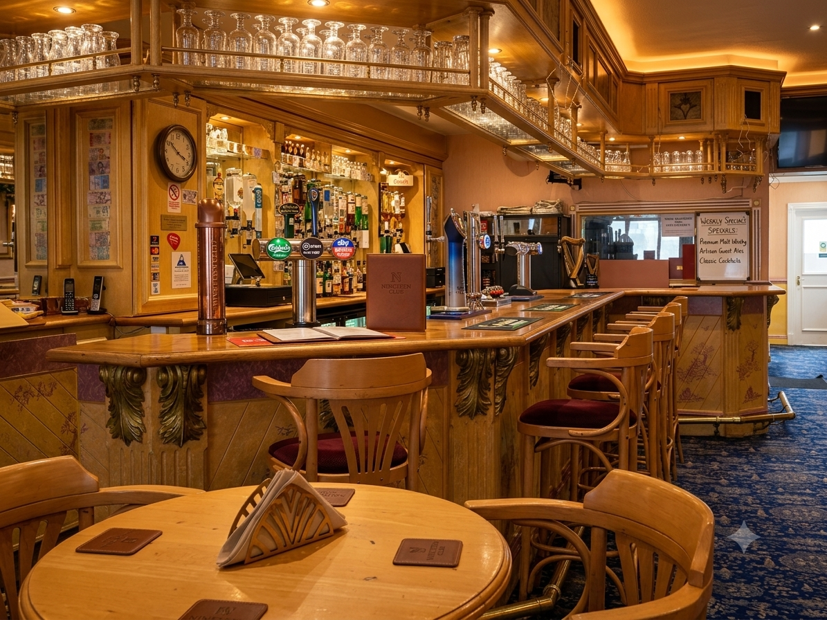 Nineteen Club interior with a long wooden bar, bar stools and seating